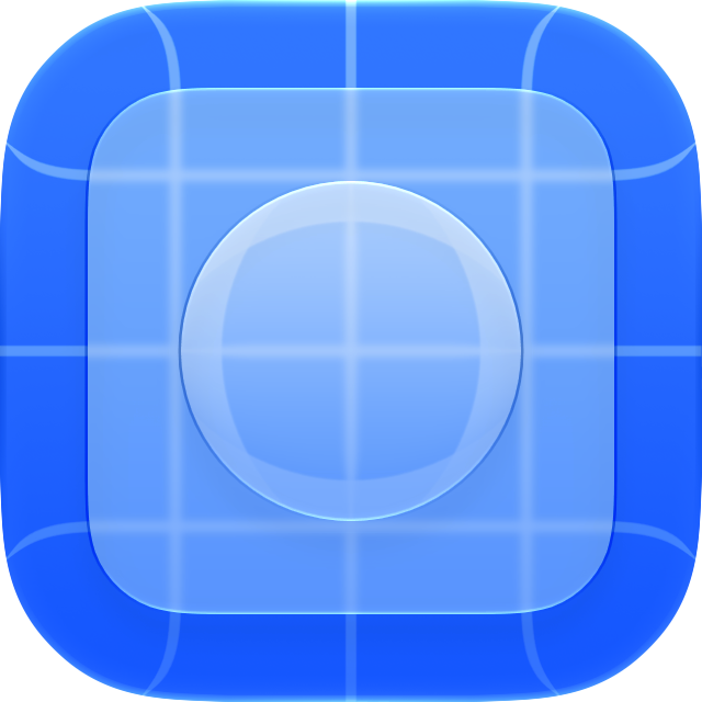 The ikoon app icon: a glass circle on a glass plate over a blue grid.